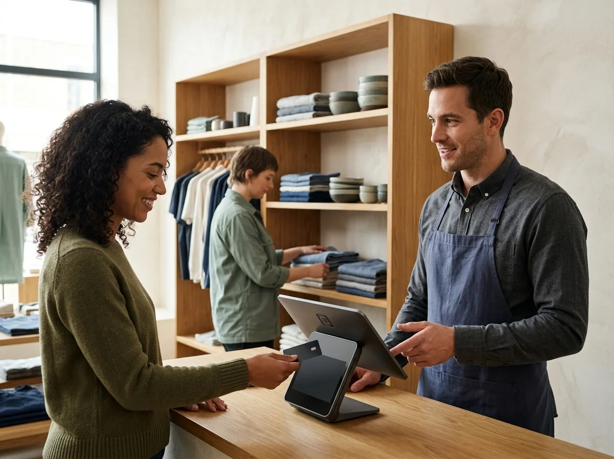 Retail merchant helping a customer complete a card payment