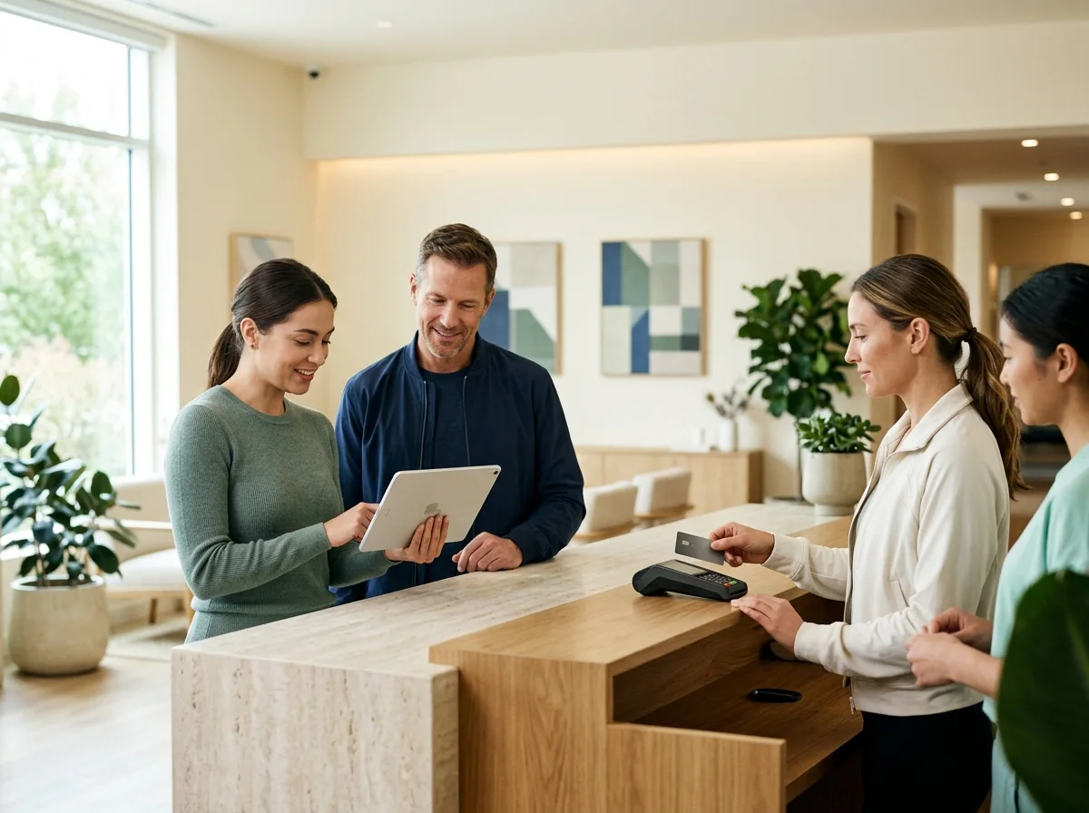 Wellness studio team checking in clients and accepting payment